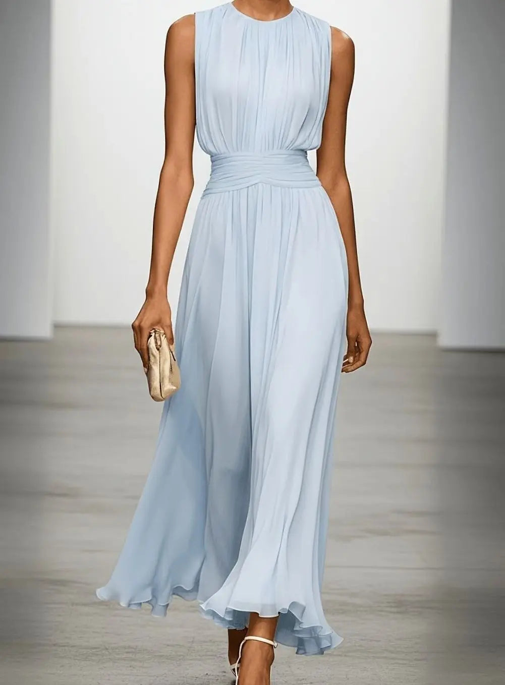 Women's Sleeveless Ruched-Waist Pleated Maxi Wedding Guest Dress - Light Blue