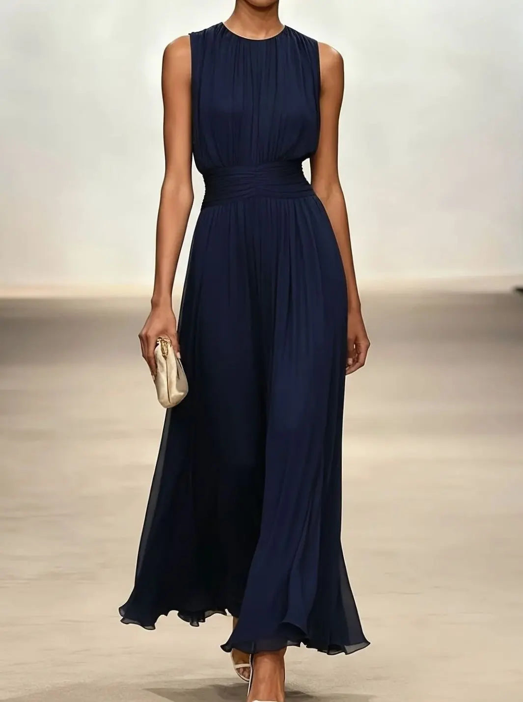 Women's Sleeveless Ruched-Waist Pleated Maxi Wedding Guest Dress - Dark Blue