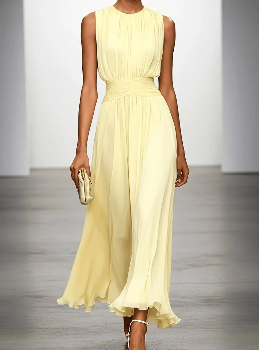 Women's Sleeveless Ruched-Waist Pleated Maxi Wedding Guest Dress - Yellow