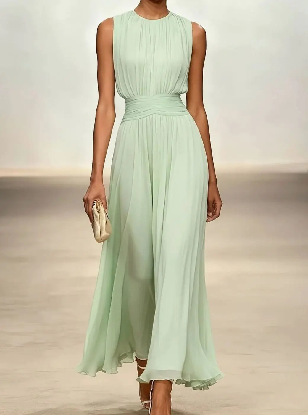 Women's Sleeveless Ruched-Waist Pleated Maxi Wedding Guest Dress - Mint