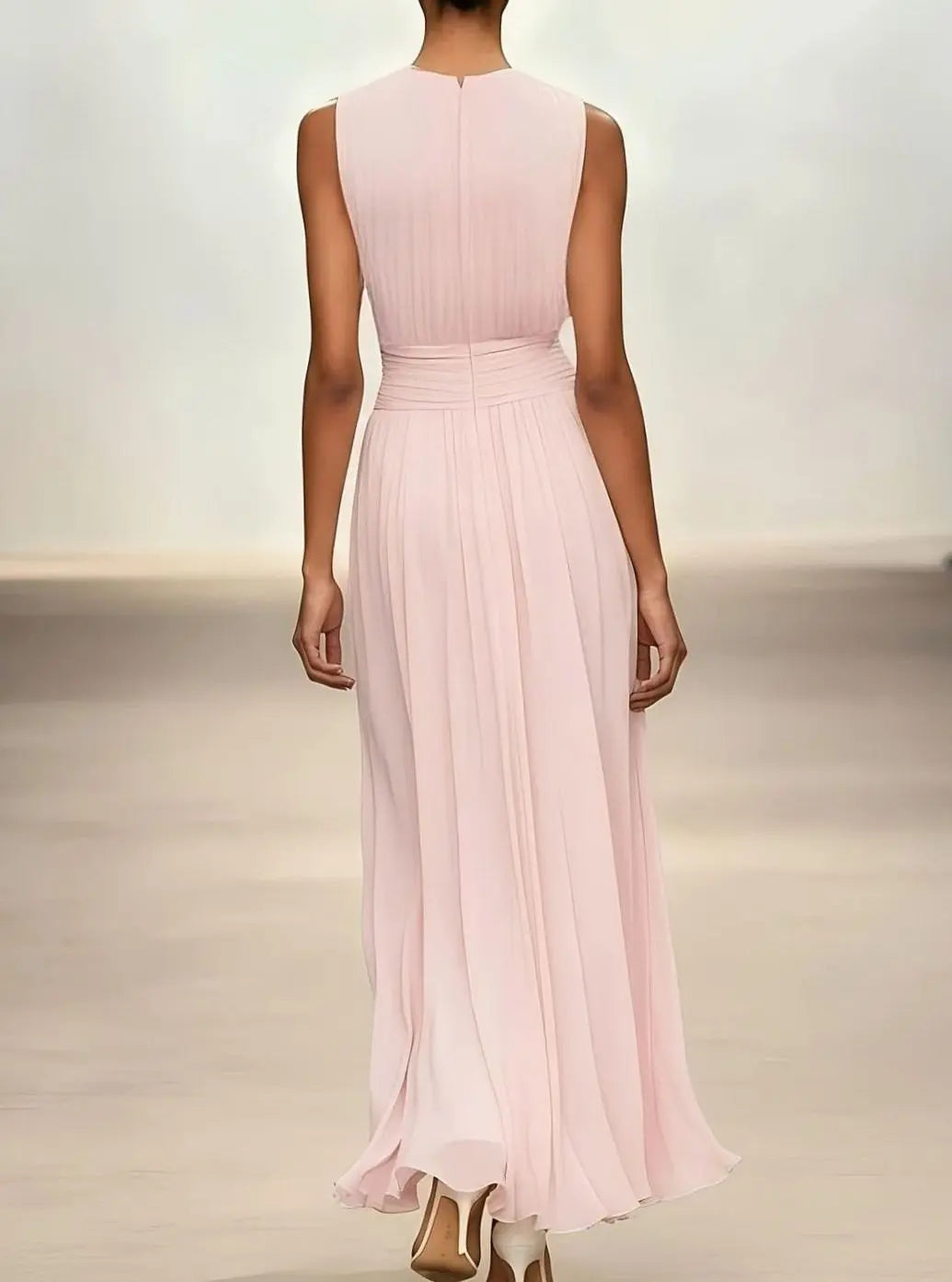 Women's Sleeveless Ruched-Waist Pleated Maxi Wedding Guest Dress