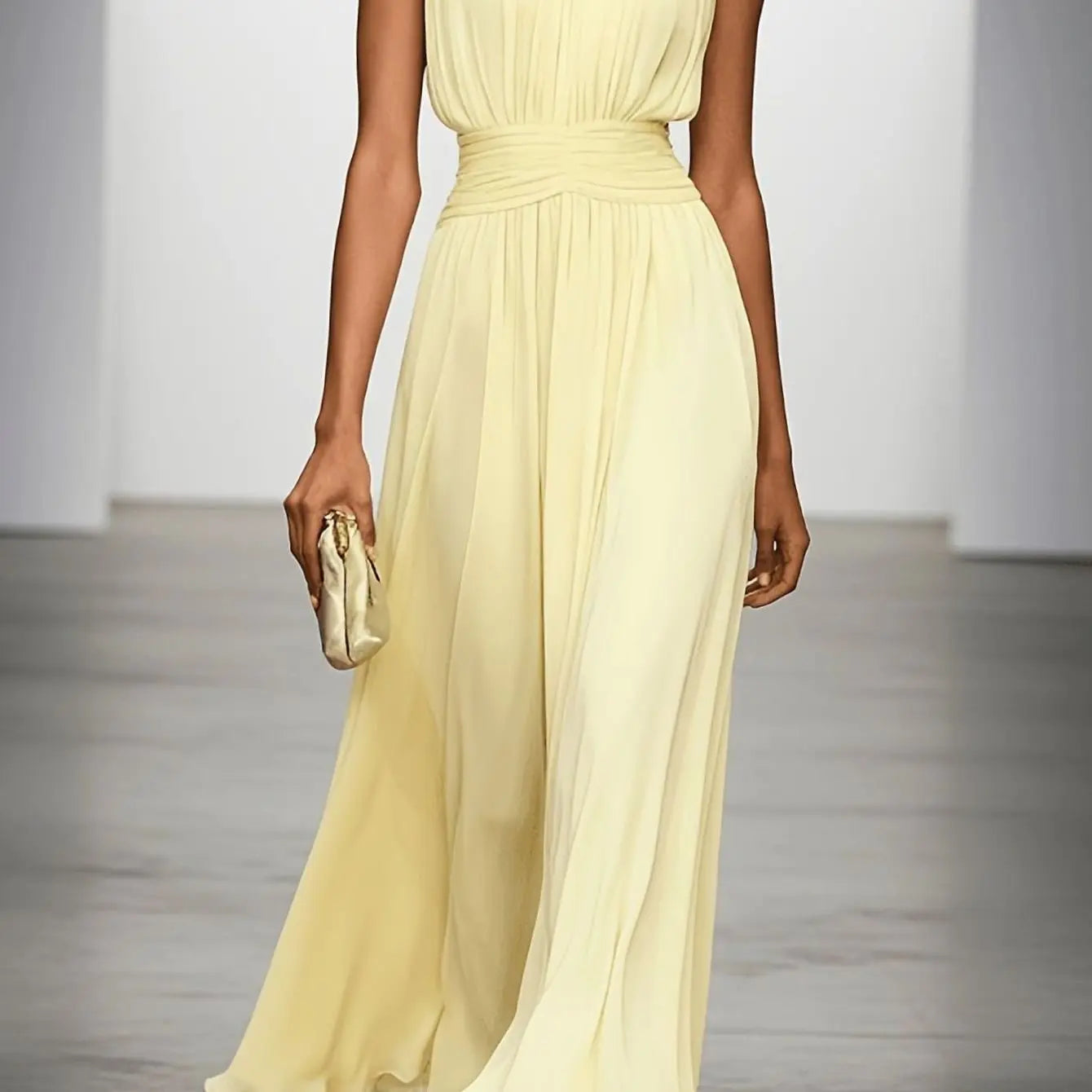 Women's Sleeveless Ruched-Waist Pleated Maxi Wedding Guest Dress