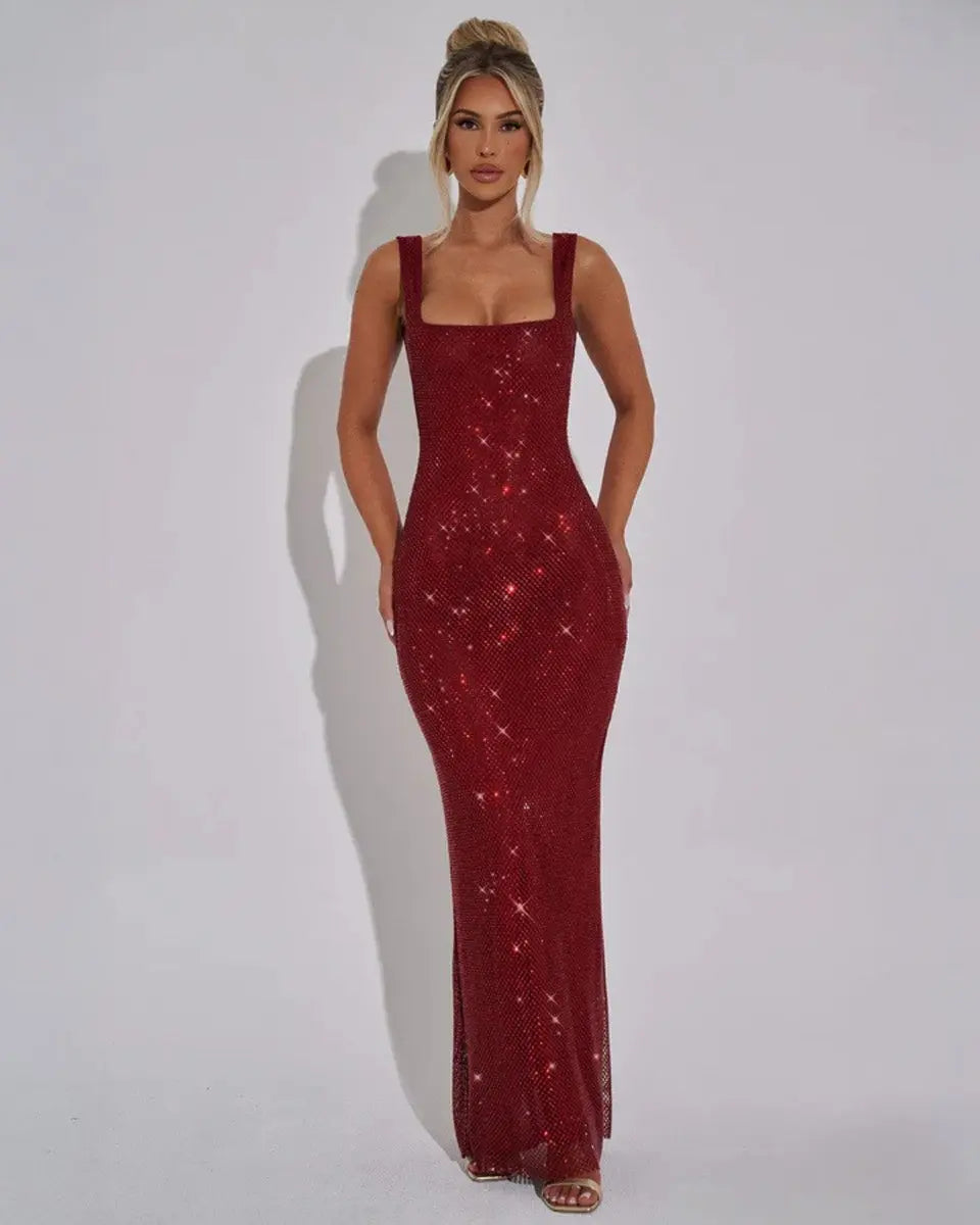 Women's Sleeveless Sequin Maxi Evening Gown Square Neck - Red