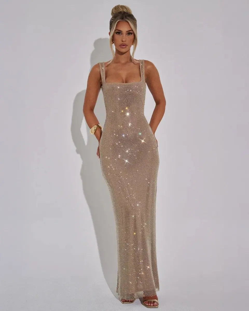 Women's Sleeveless Sequin Maxi Evening Gown Square Neck - Gold