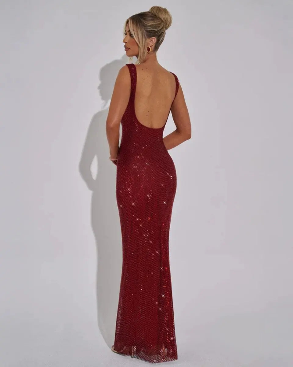 Women's Sleeveless Sequin Maxi Evening Gown Square Neck