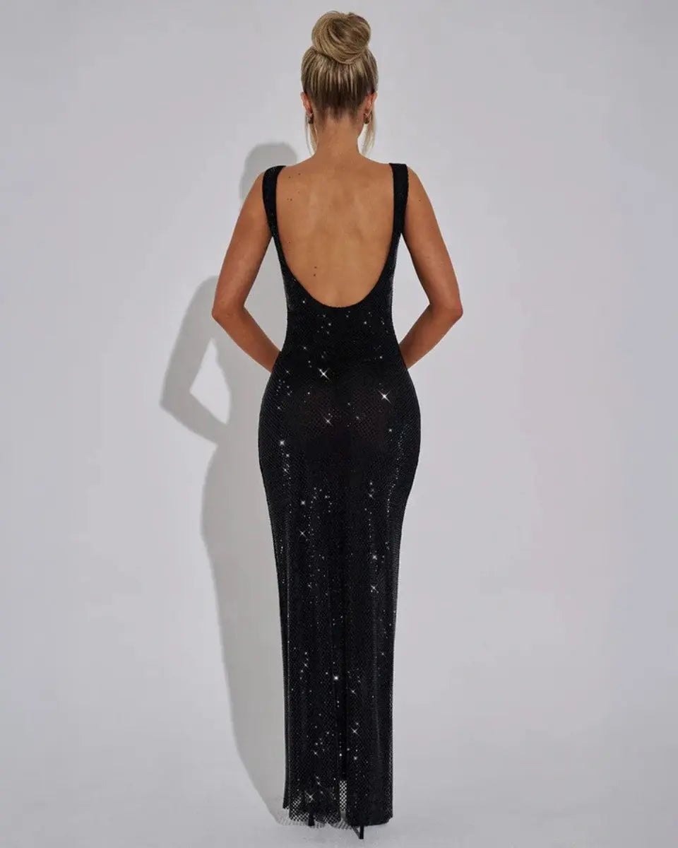 Women's Sleeveless Sequin Maxi Evening Gown Square Neck