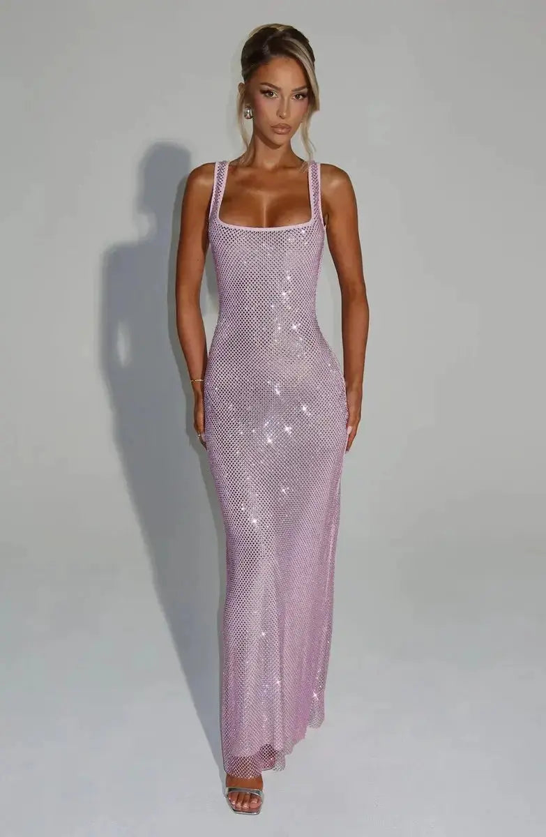Women's Sleeveless Sequin Maxi Evening Gown Square Neck - Pink
