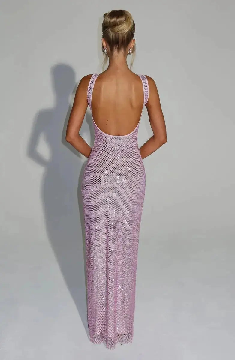Women's Sleeveless Sequin Maxi Evening Gown Square Neck