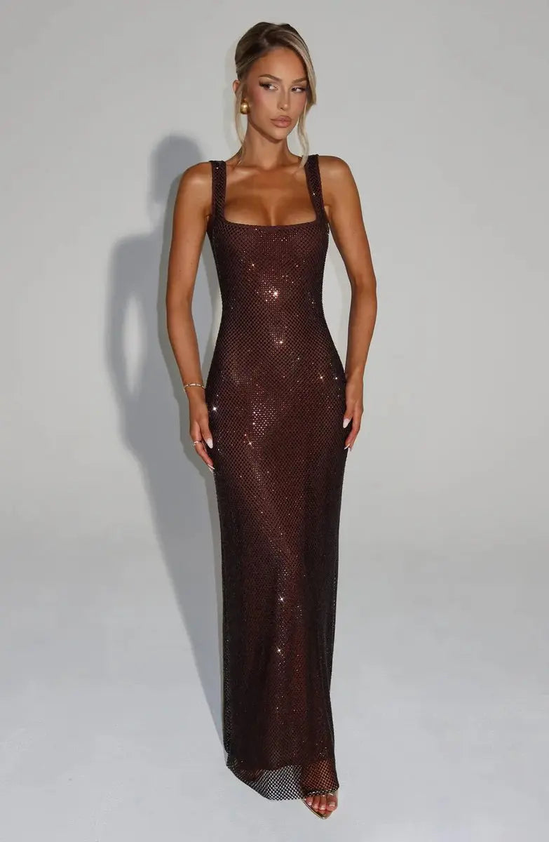 Women's Sleeveless Sequin Maxi Evening Gown Square Neck - Brown