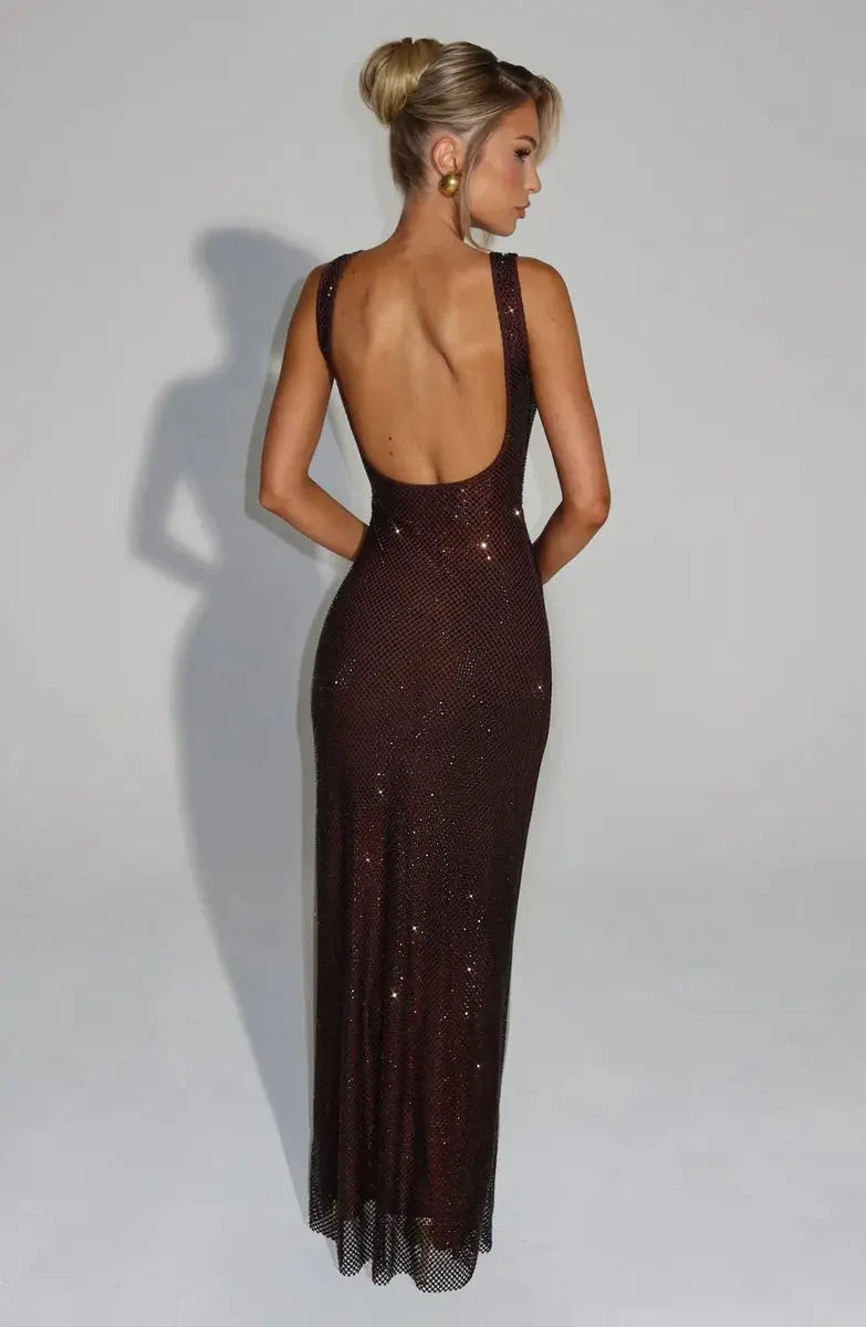 Women's Sleeveless Sequin Maxi Evening Gown Square Neck