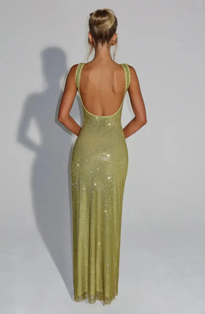 Women's Sleeveless Sequin Maxi Evening Gown Square Neck