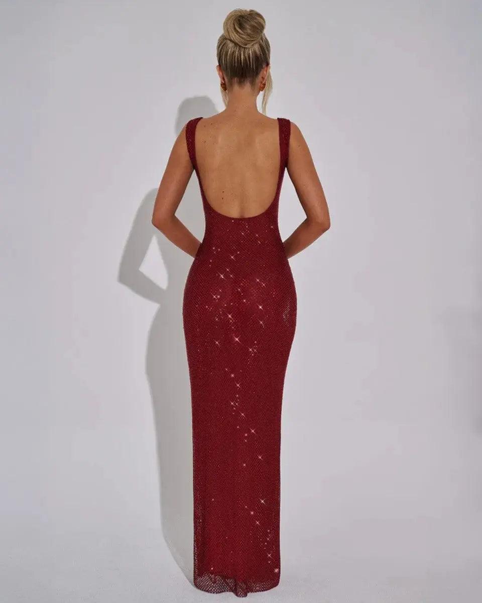 Women's Sleeveless Sequin Maxi Evening Gown Square Neck