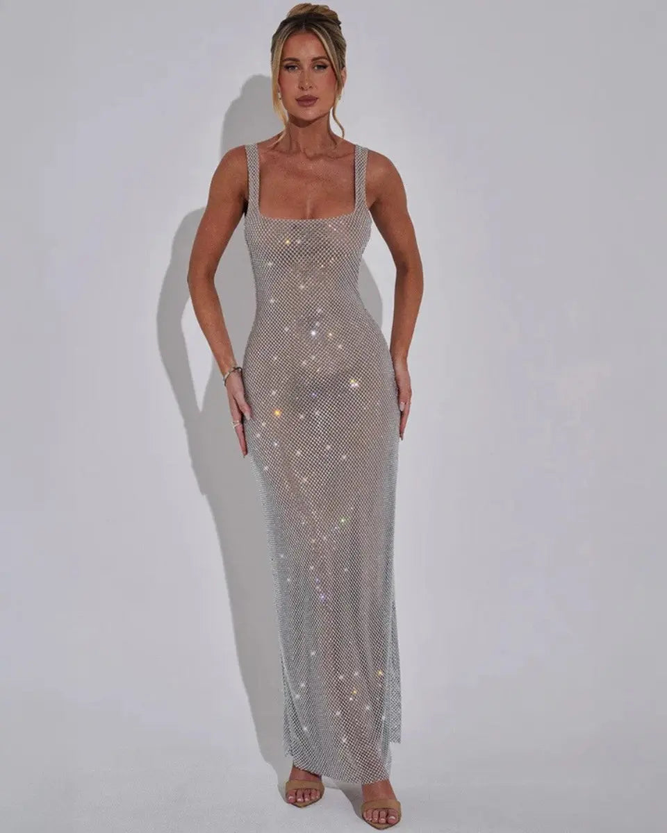 Women's Sleeveless Sequin Maxi Evening Gown Square Neck - Silver