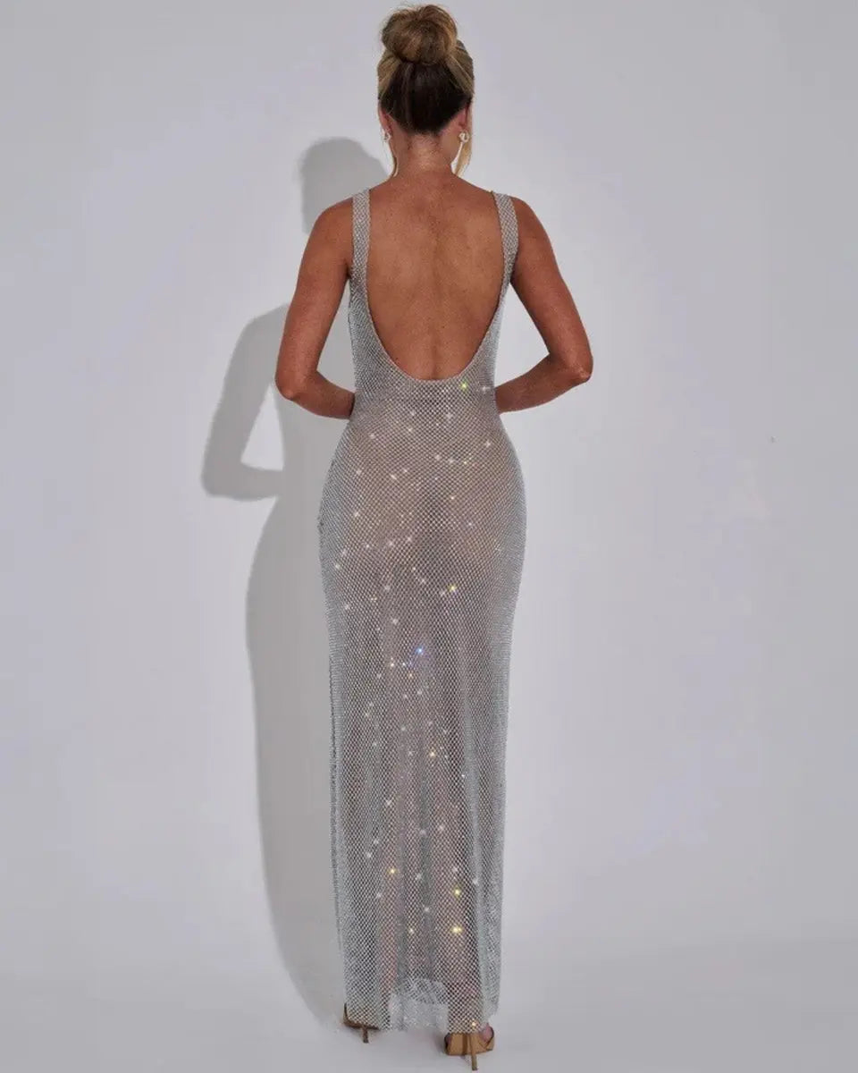 Women's Sleeveless Sequin Maxi Evening Gown Square Neck