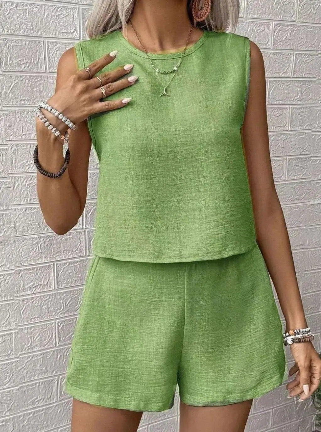 Women's Sleeveless Top Shorts Two-Piece Set Elastic Waist - Matcha Green