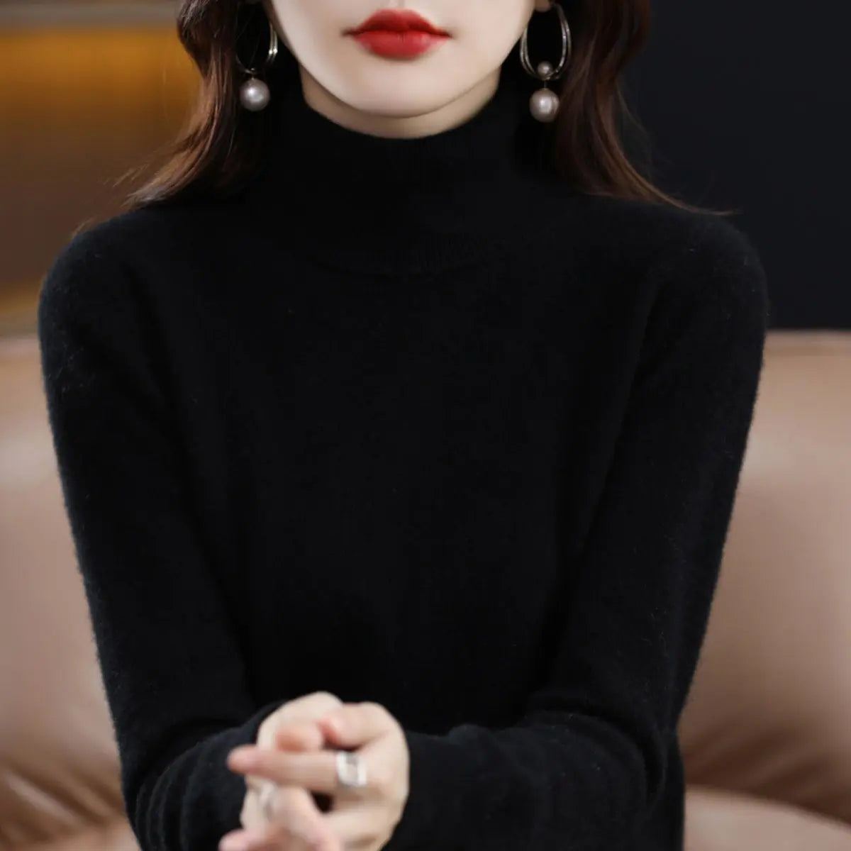 Women's Slim-Fit Cashmere Blend Turtleneck Jumper - Black