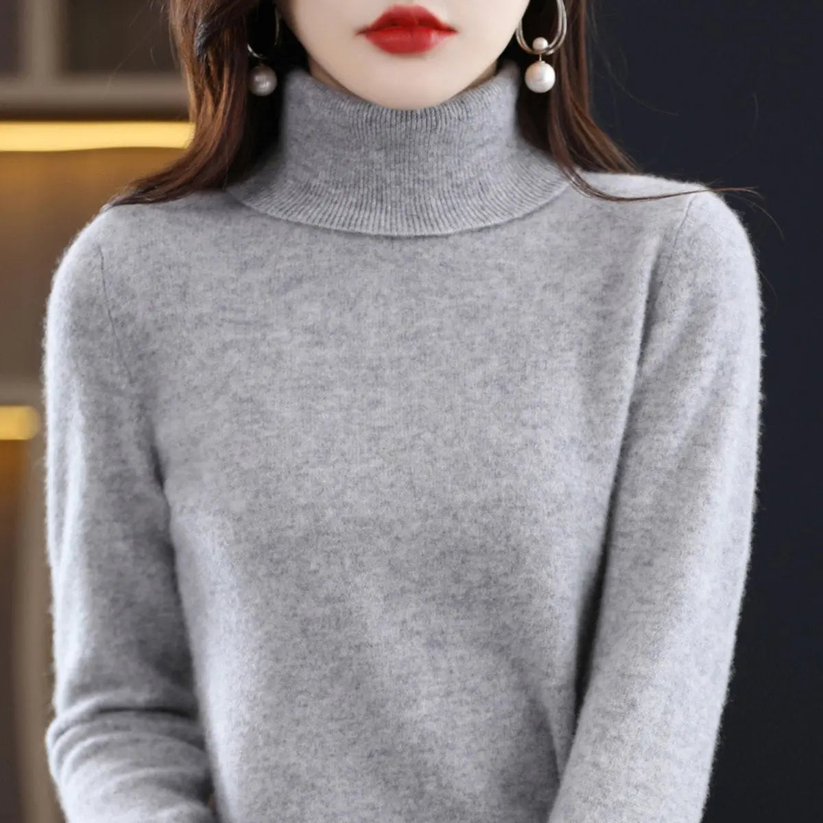Women's Slim-Fit Cashmere Blend Turtleneck Jumper - Grey