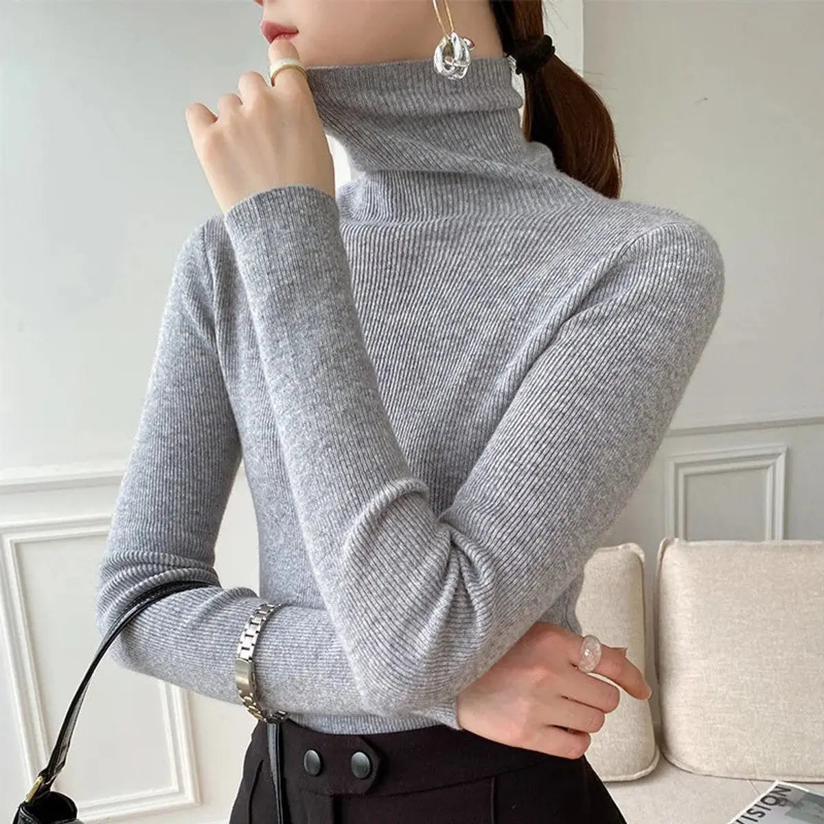 Women's Slim-Fit Cashmere Turtleneck Jumper - Grey