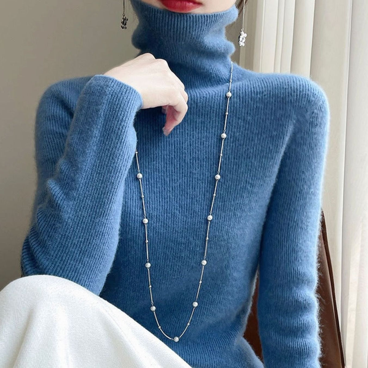 Women's Slim-Fit Ribbed Turtleneck Knit Jumper - Mist Blue