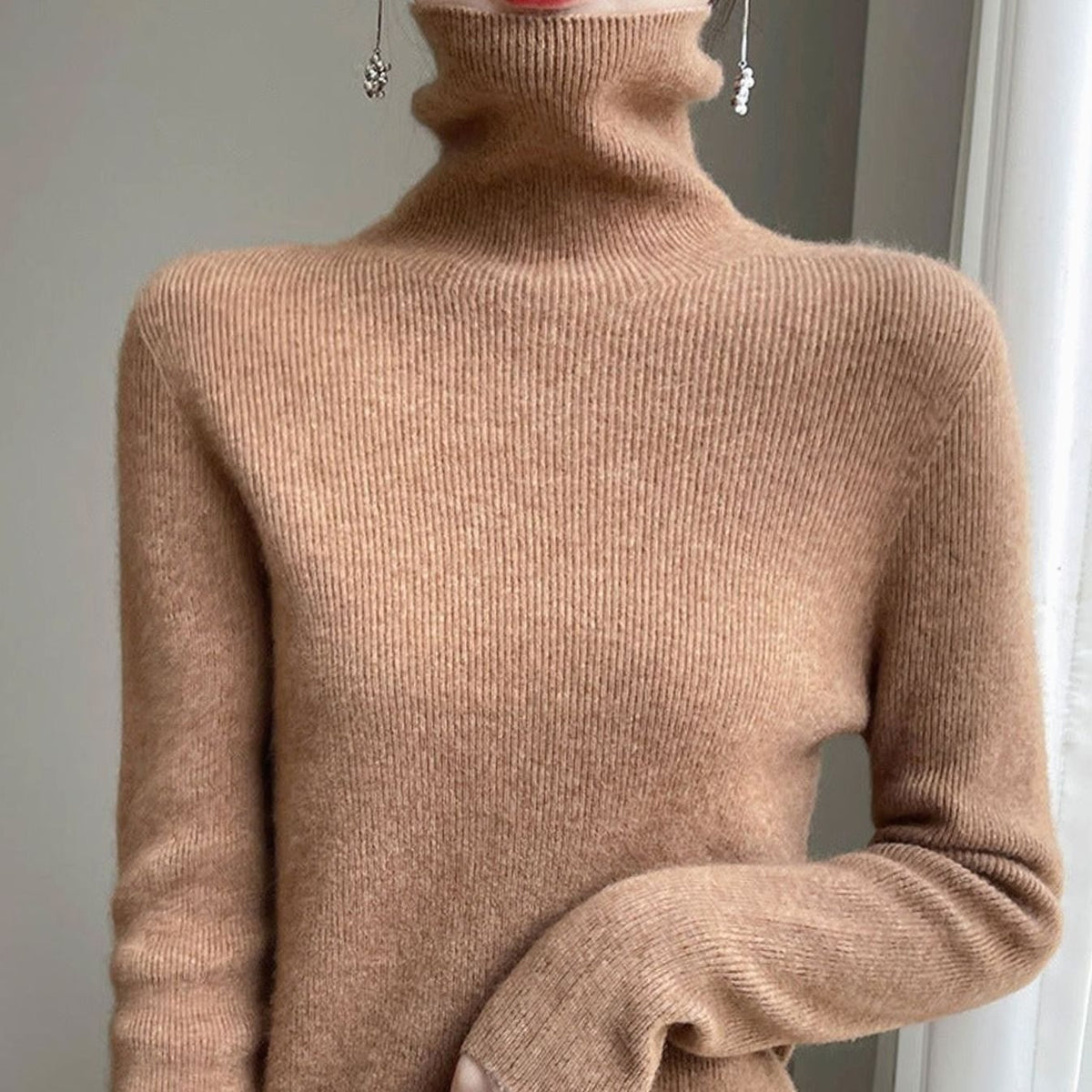 Women's Slim-Fit Ribbed Turtleneck Knit Jumper - Gold Sand Camel