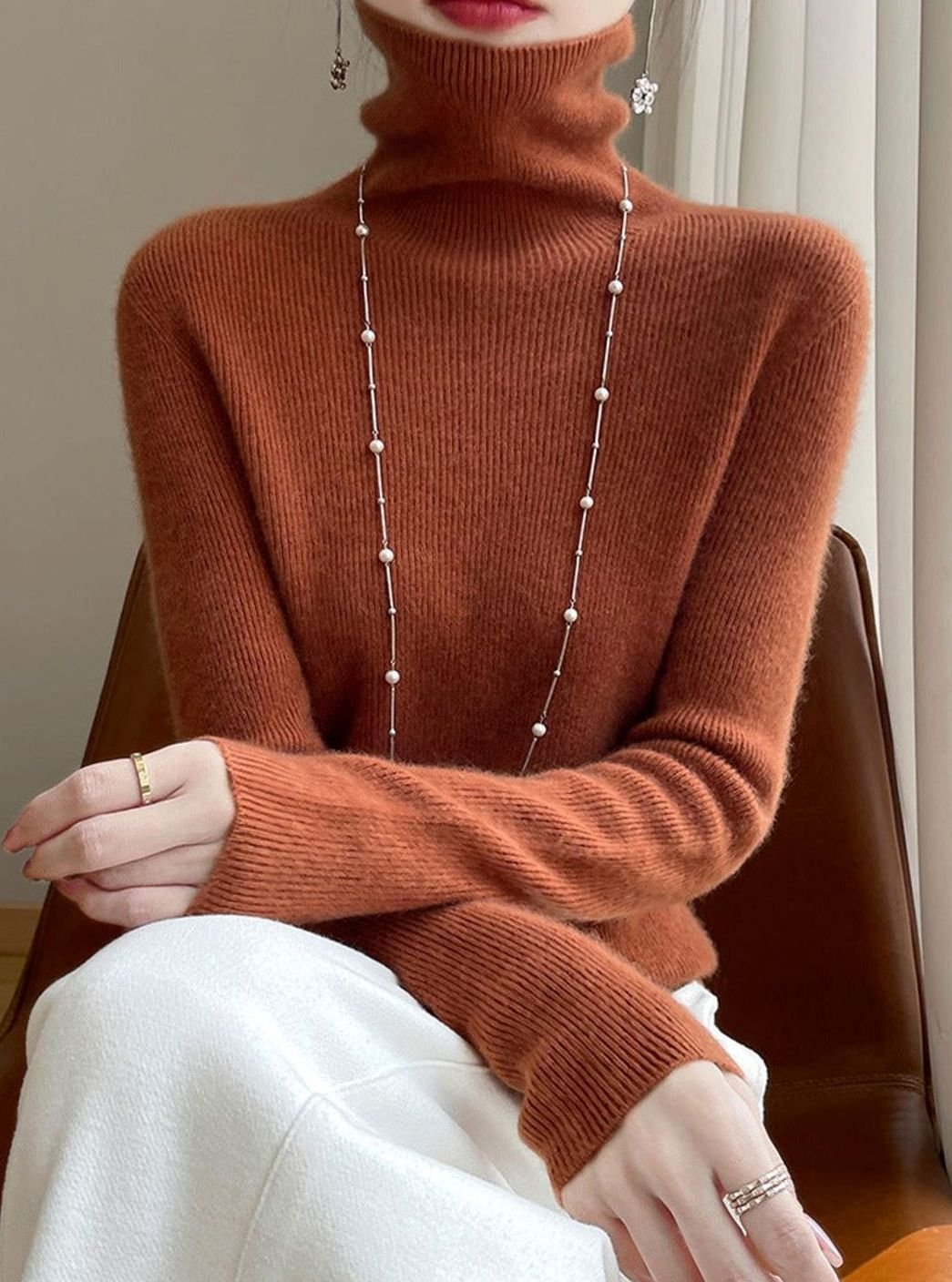 Women's Slim-Fit Ribbed Turtleneck Knit Jumper