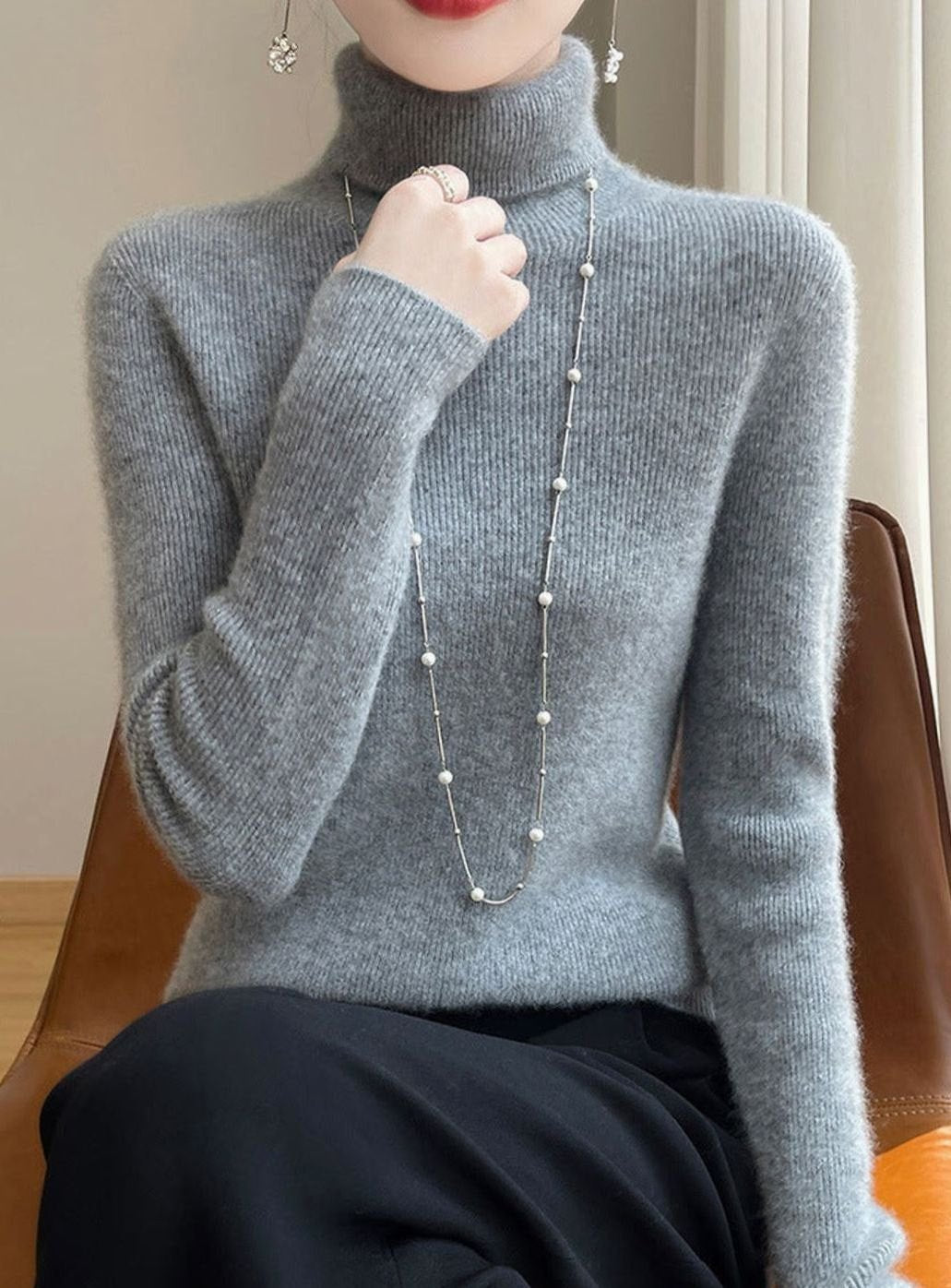 Women's Slim-Fit Ribbed Turtleneck Knit Jumper