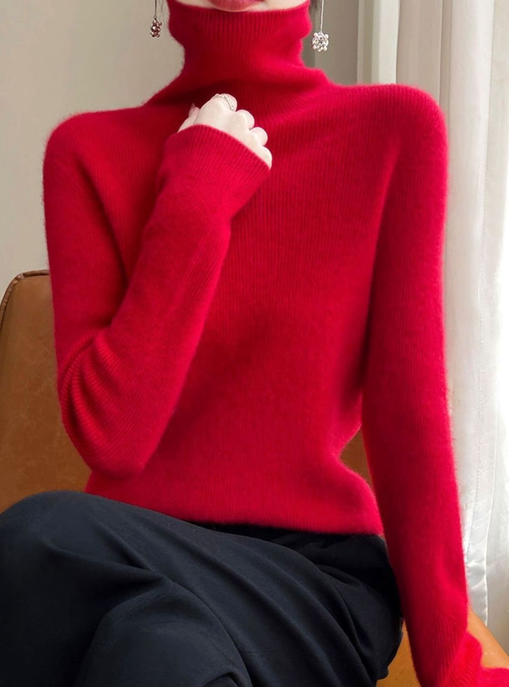 Women's Slim-Fit Ribbed Turtleneck Knit Jumper
