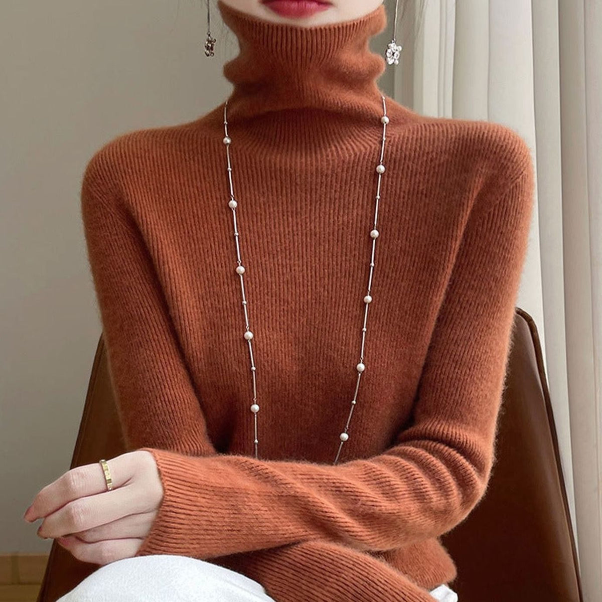 Women's Slim-Fit Ribbed Turtleneck Knit Jumper - Light Caramel