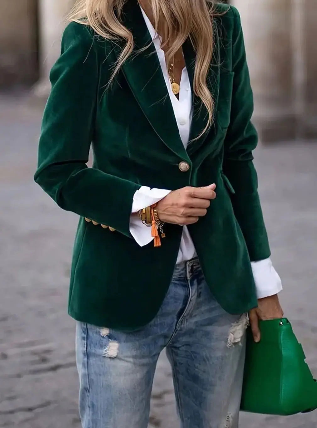 Women's Slim-Fit Velvet Gold-Button Blazer - Green