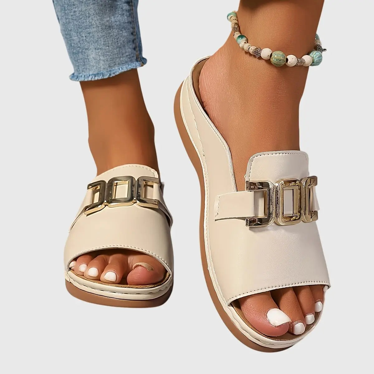 Women's Slip-On Sandals Open Toe Gold Buckle Flat