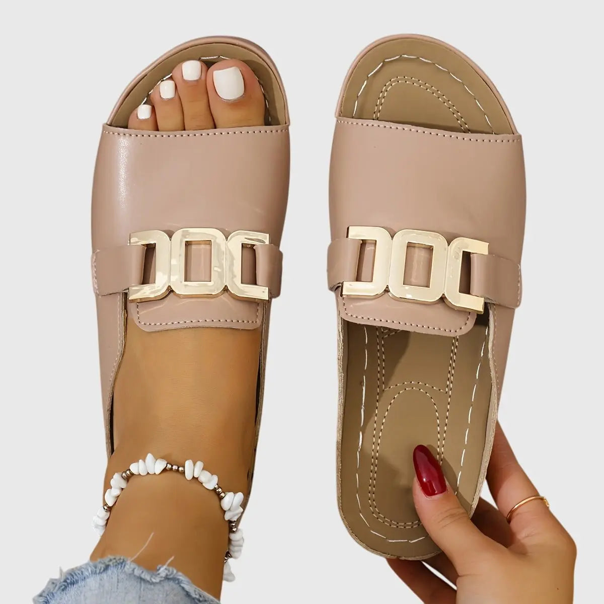 Women's Slip-On Sandals Open Toe Gold Buckle Flat - Pink