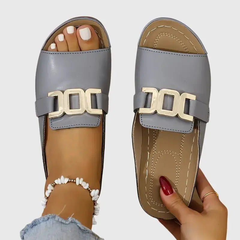 Women's Slip-On Sandals Open Toe Gold Buckle Flat - Gray