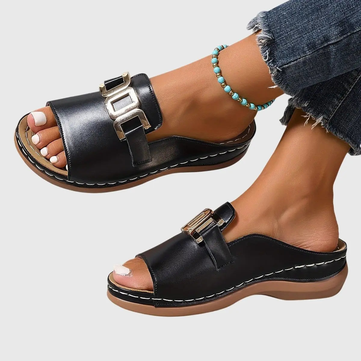 Women's Slip-On Sandals Open Toe Gold Buckle Flat