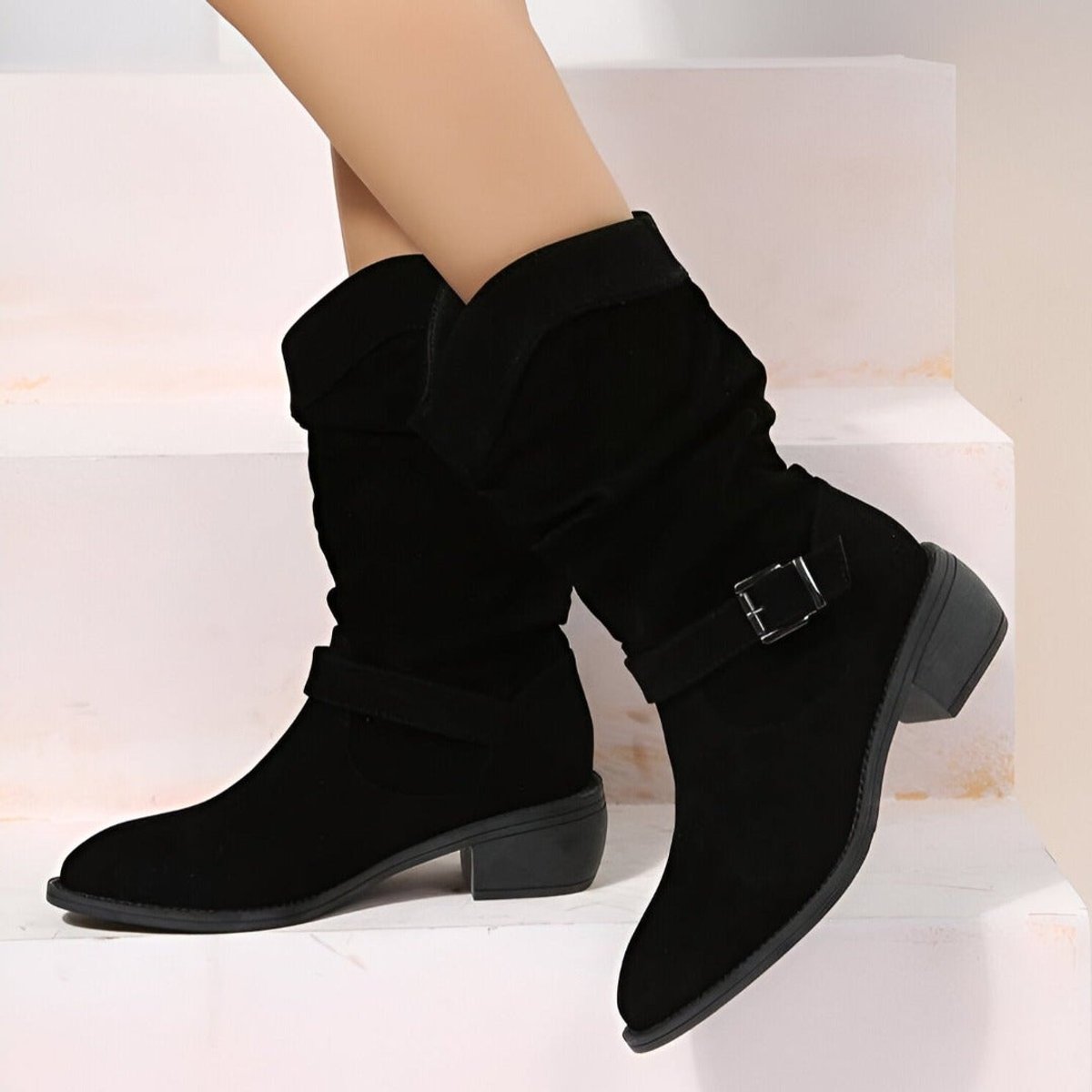 Women's Slouchy Faux Suede Knee High Boots Block Heel - Black