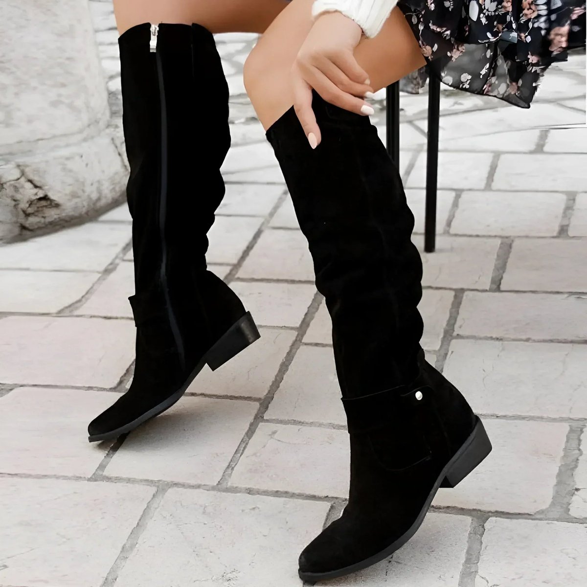 Women's Slouchy Over-the-Knee High Boots Block Heel Suede - Black