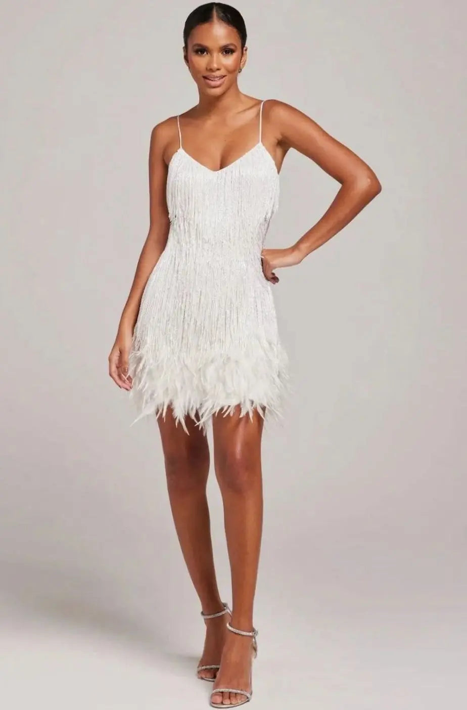 Women's Spaghetti-Strap Fringe Feather Trim Mini Dress - White