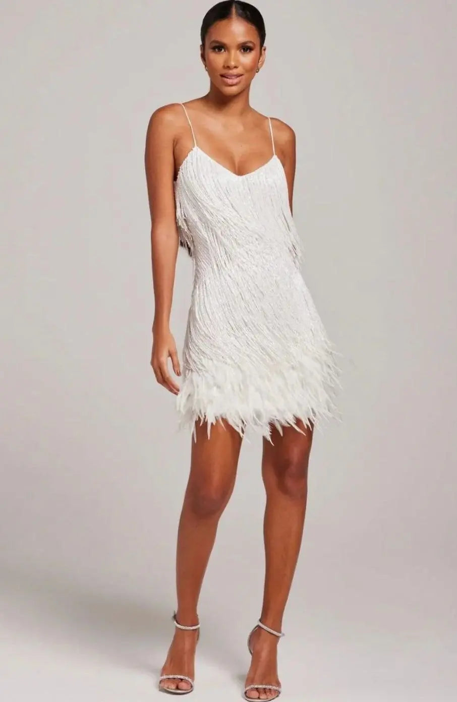 Women's Spaghetti-Strap Fringe Feather Trim Mini Dress