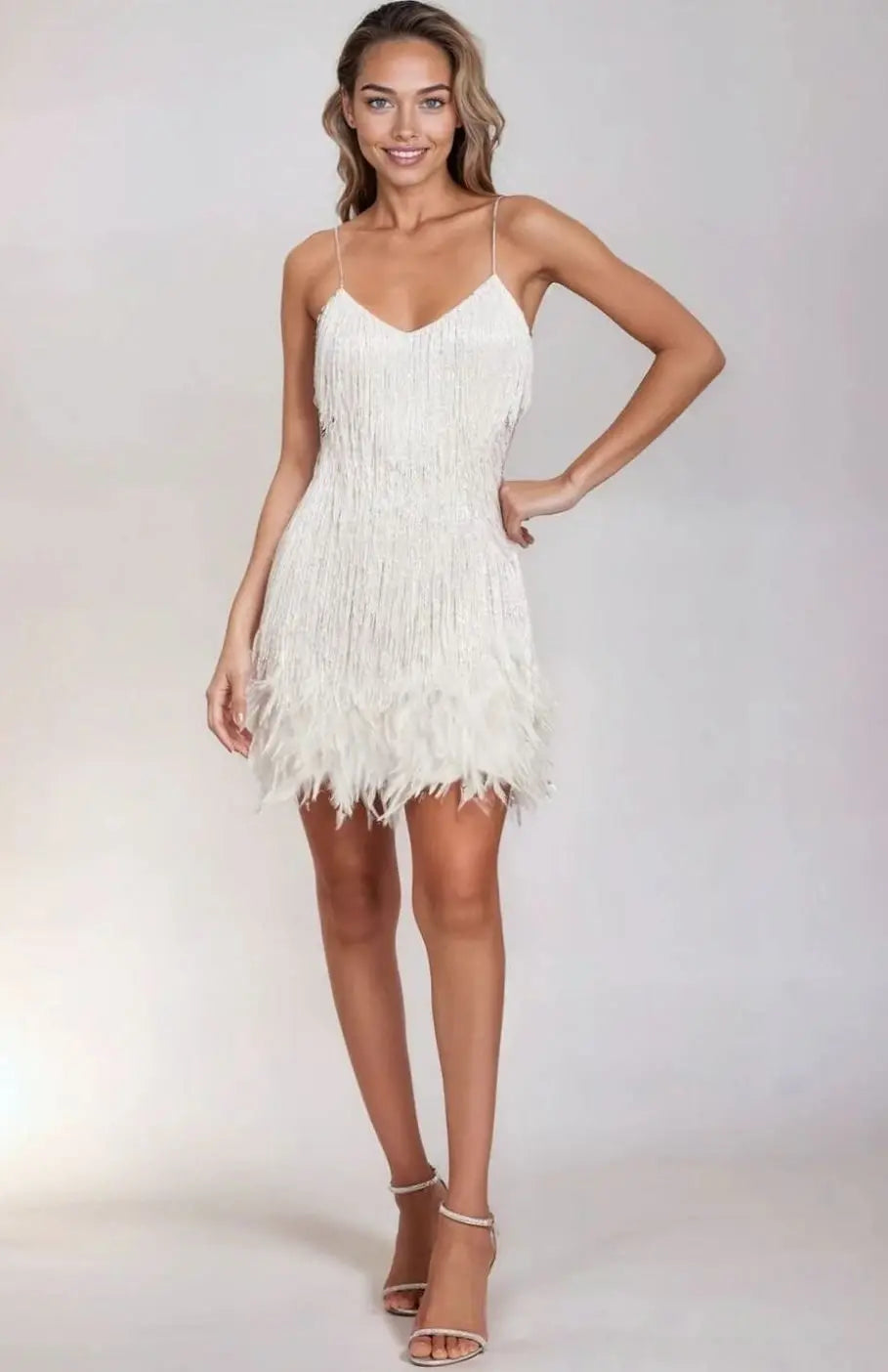Women's Spaghetti-Strap Fringe Feather Trim Mini Dress