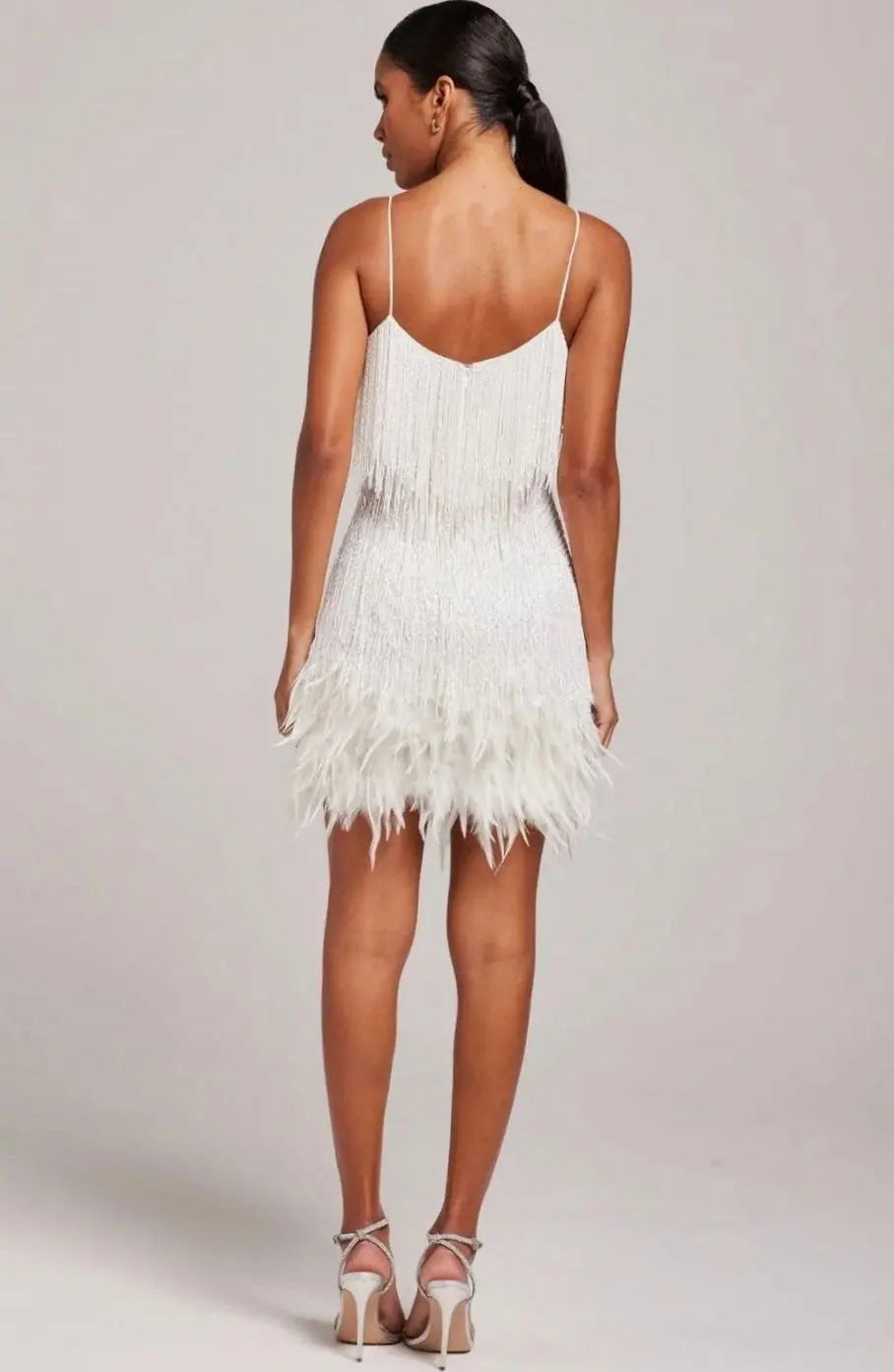 Women's Spaghetti-Strap Fringe Feather Trim Mini Dress