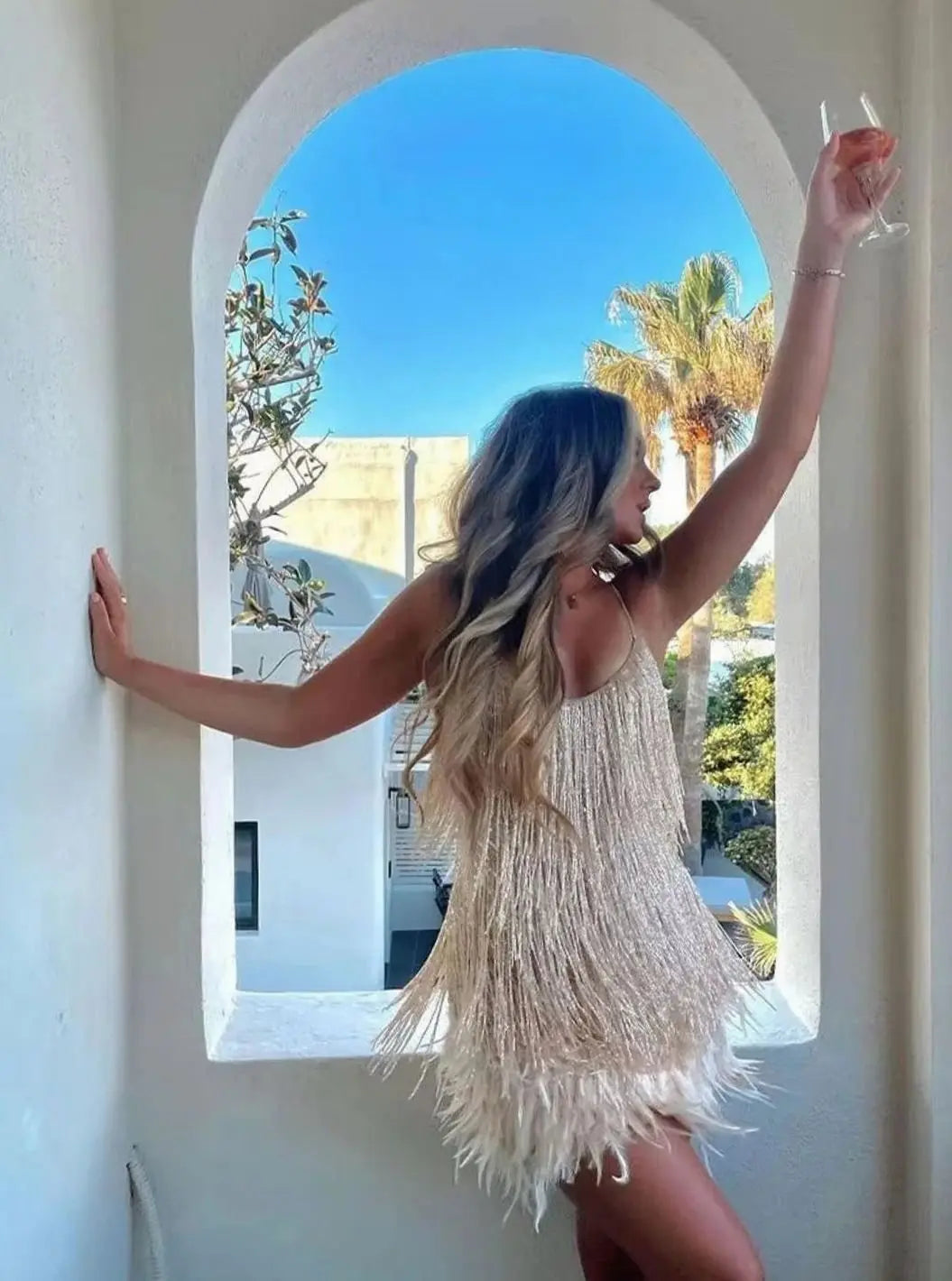Women's Spaghetti-Strap Fringe Feather Trim Mini Dress