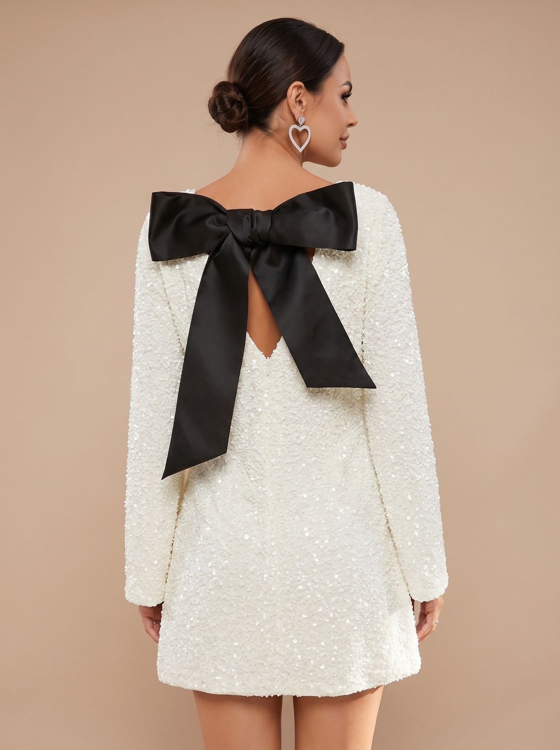 Women's Sparkly Sequin Mini Christmas Party Dress Bell Sleeves Bow Back