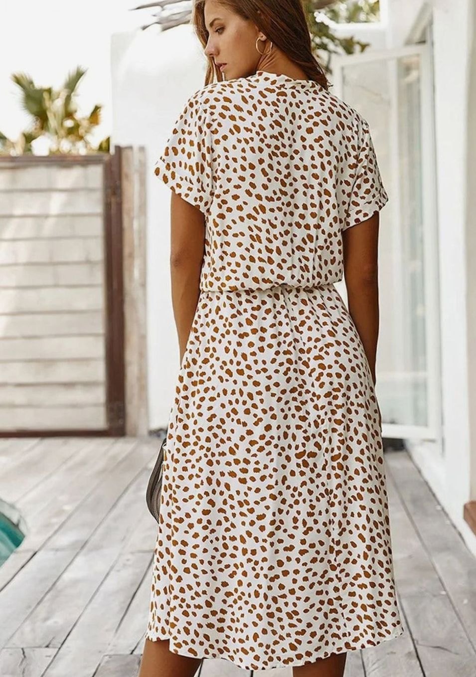 Women's Spotted Print Drawstring-Waist Short-Sleeve Midi Dress