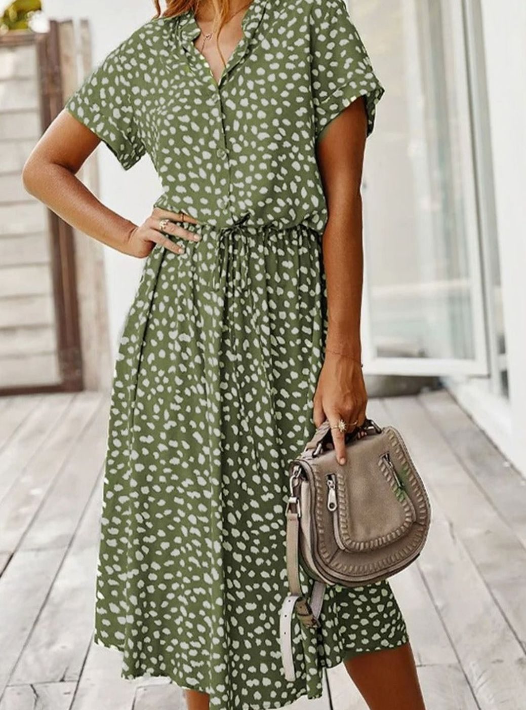 Women's Spotted Print Drawstring-Waist Short-Sleeve Midi Dress - Green