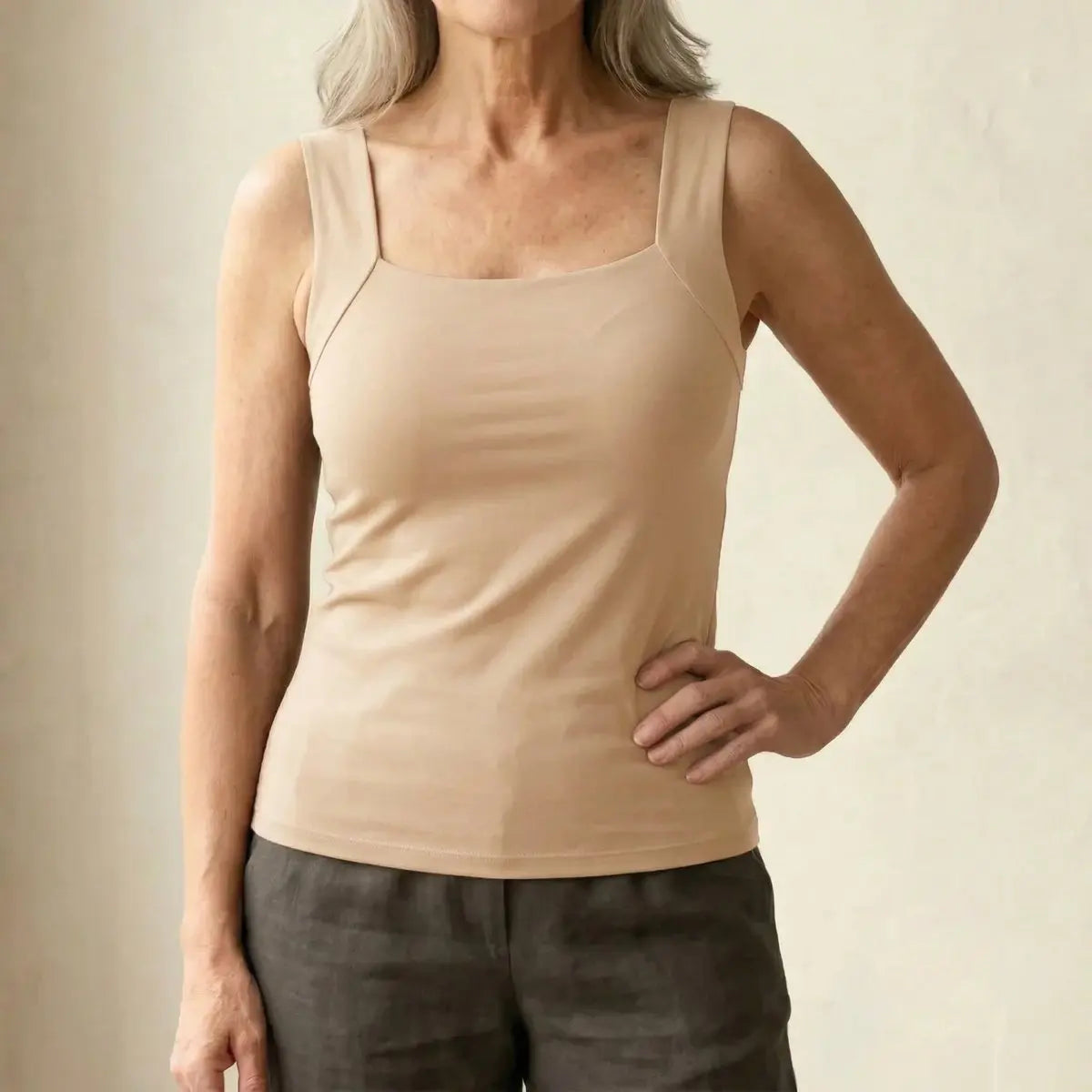 Women's Square-Neck Built-In Bra Sleeveless Vest Top - Beige