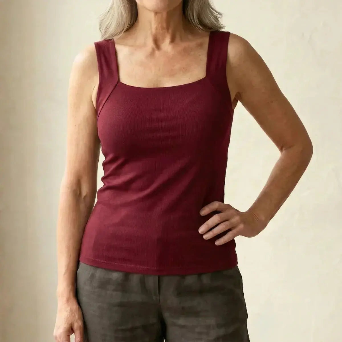 Women's Square-Neck Built-In Bra Sleeveless Vest Top - Burgundy