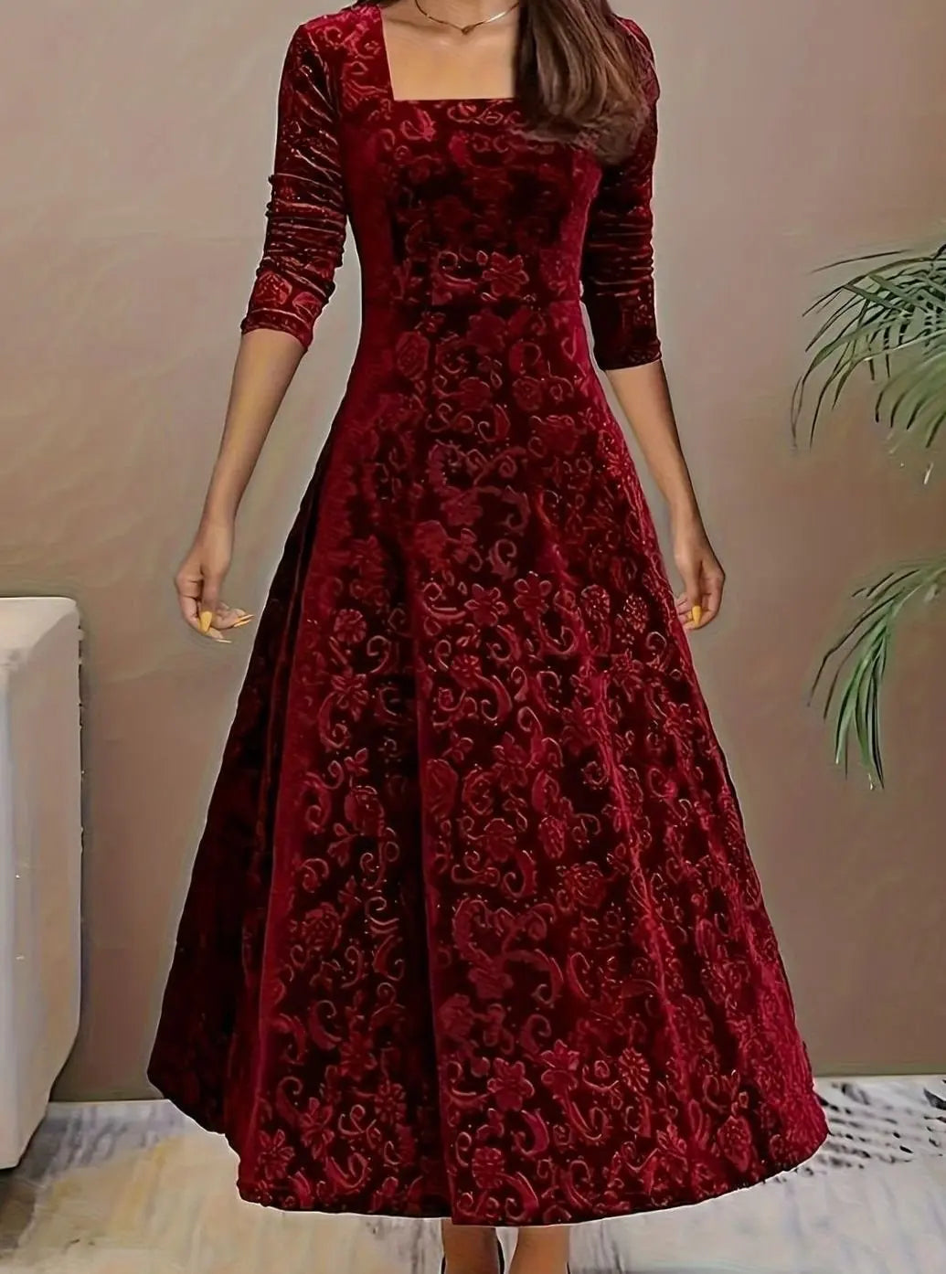 Women's Square Neck Velvet Floral Embossed Party Dress - Dark Red