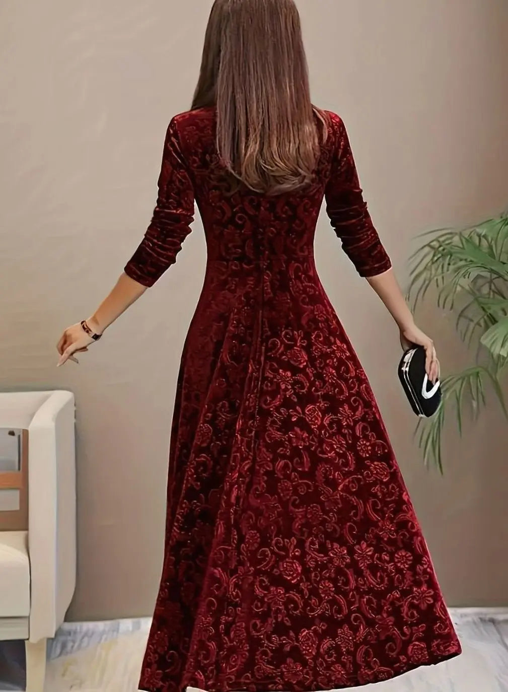 Women's Square Neck Velvet Floral Embossed Party Dress