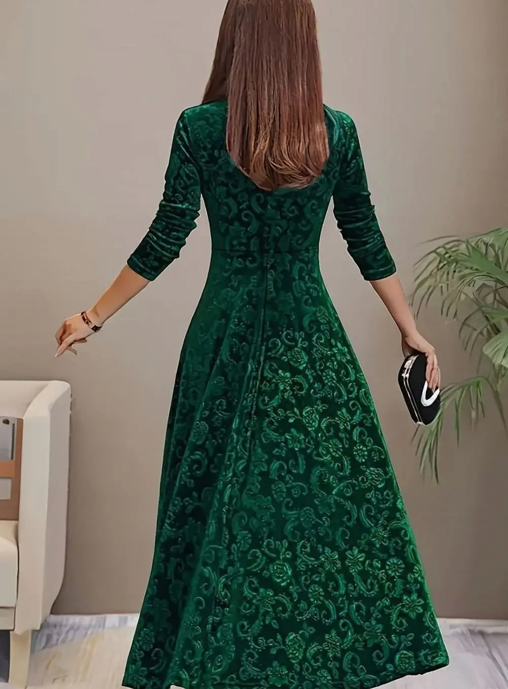 Women's Square Neck Velvet Floral Embossed Party Dress