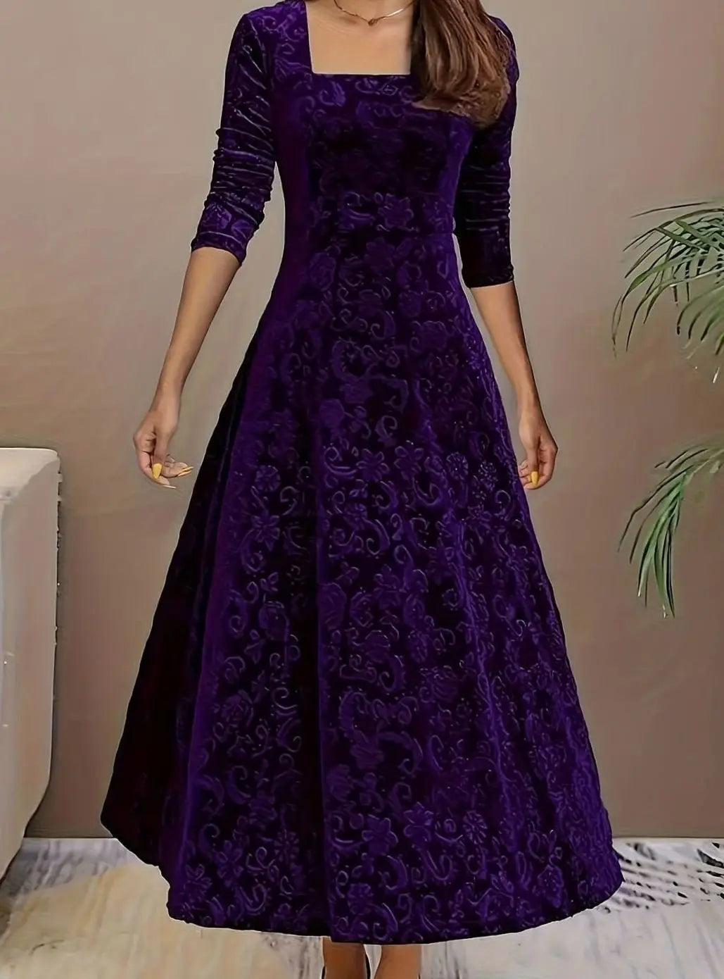 Women's Square Neck Velvet Floral Embossed Party Dress - Purple