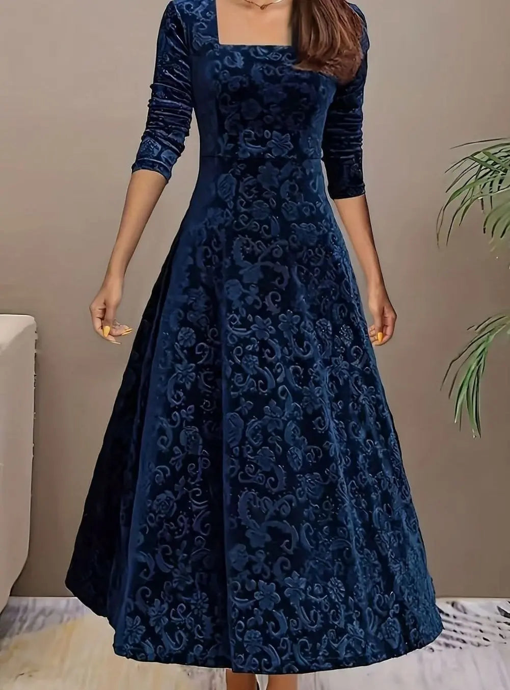 Women's Square Neck Velvet Floral Embossed Party Dress - Blue